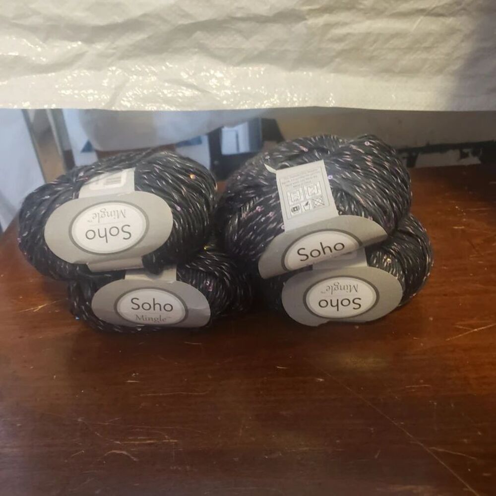 NEW SOHO Mingle yarn variegated featuring Black w pink thread  w sequins 4skeins